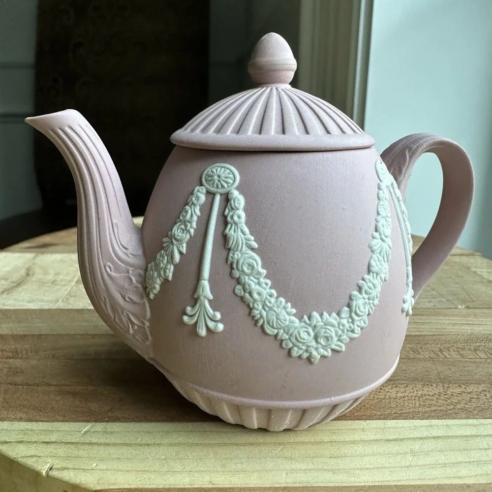 Wedgwood Pink White Jasperware Mini Teapot 3.6 Inch Lid Floral Classical Signed